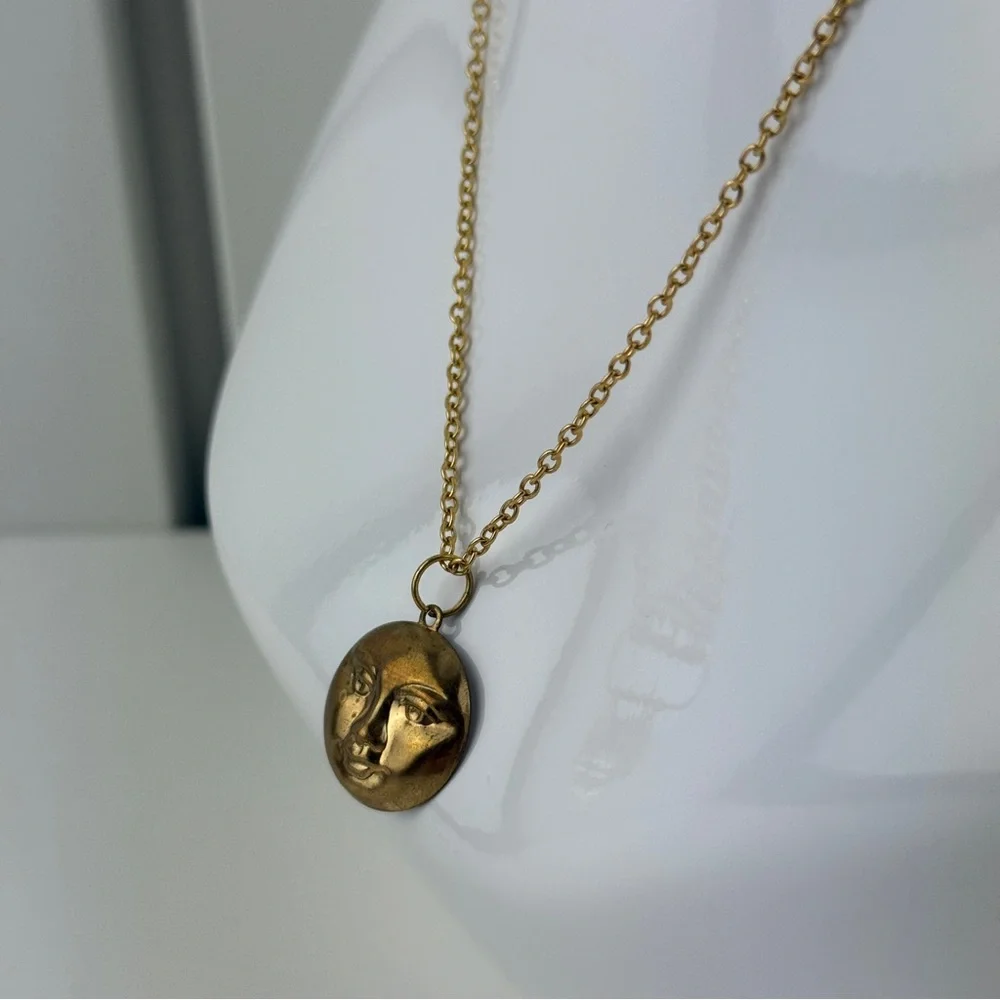 "Antique" Faux Gold Moon Face Charm Pendant Necklace Celestial Boho Witchy Goth! - Picture 11 of 16